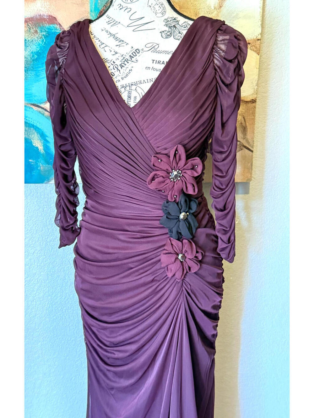 Adrianna Papell Purple Beaded Mesh Ruched Waist Evening Gown Women’s Size 4 - Picture 2 of 16